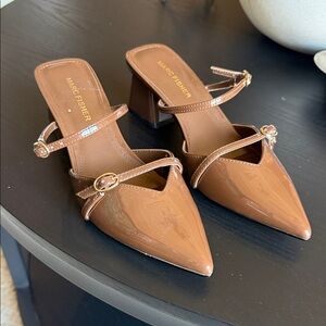 Marc Fisher milk Chocolate brown Patent Leather Pointed Mule with Gold Buckles